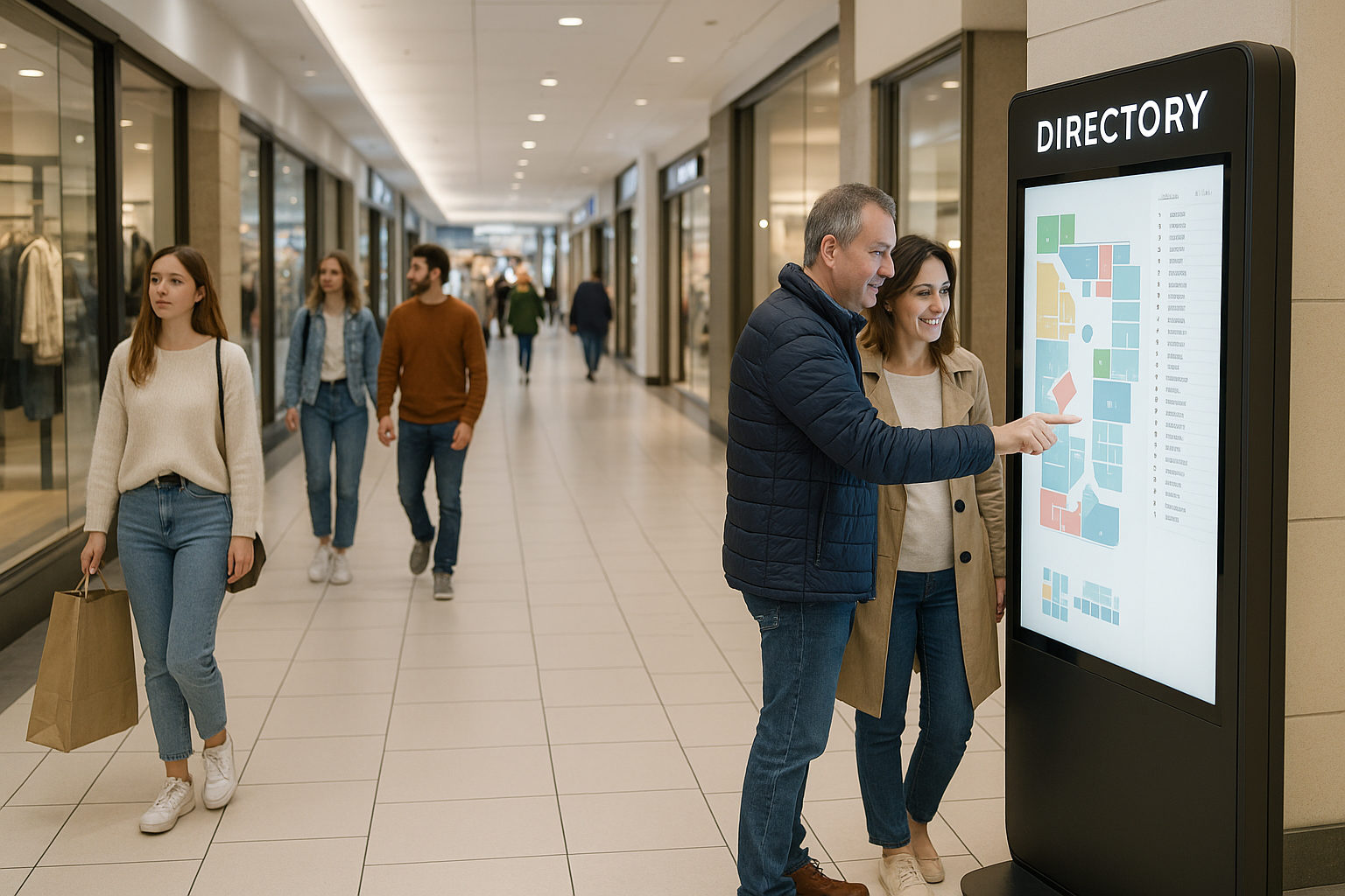 Kauppakeskuksen kytv jossa on liiketiloja ja niihin opastava kosketusnytllinen ratkaisu Kuvassa on mukana asiakkaita eurooppalaisia